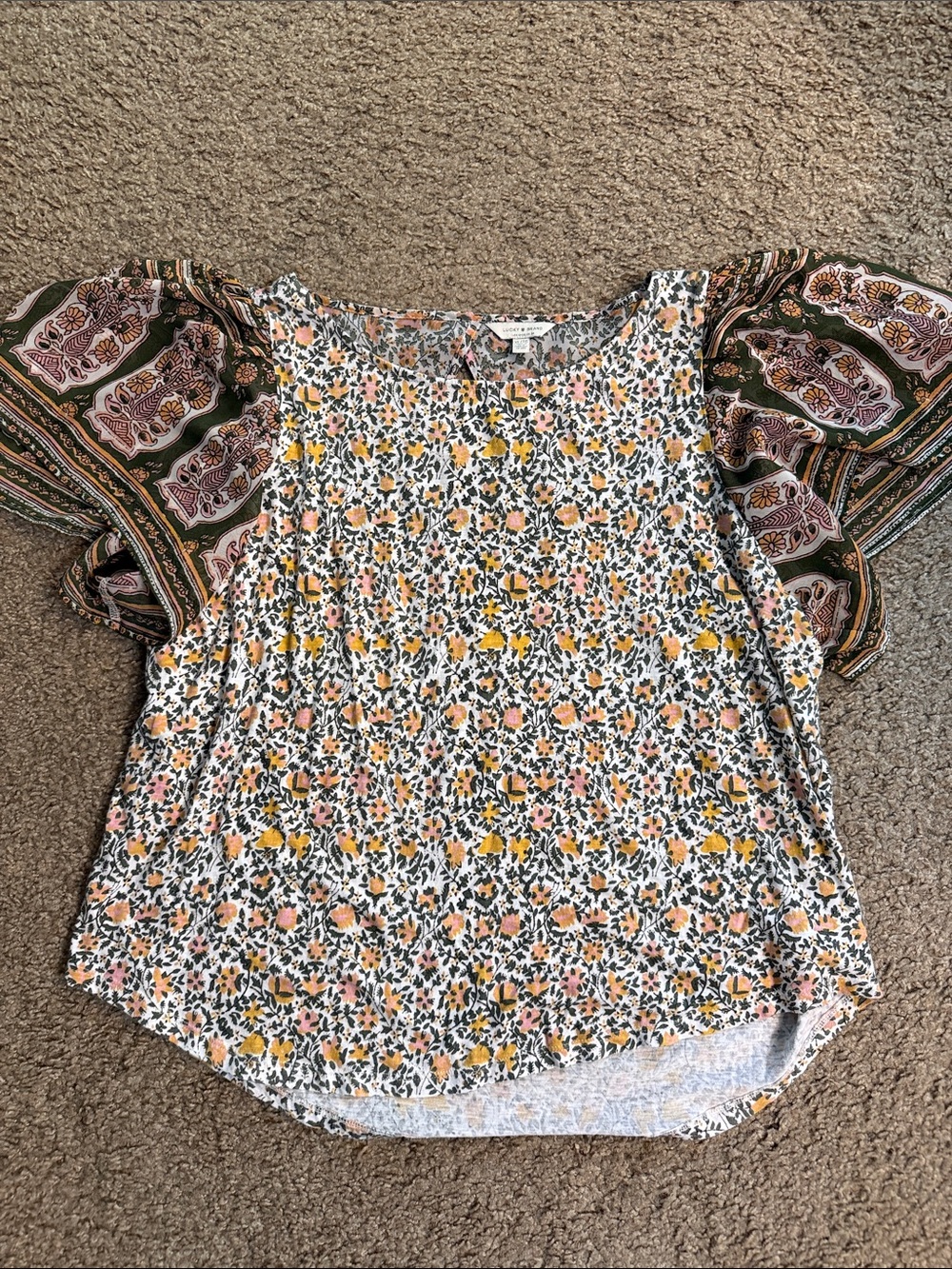 Lucky Brand Mixed-Print Floral Flutter Sleeve Top - Yellow, Pink & Green